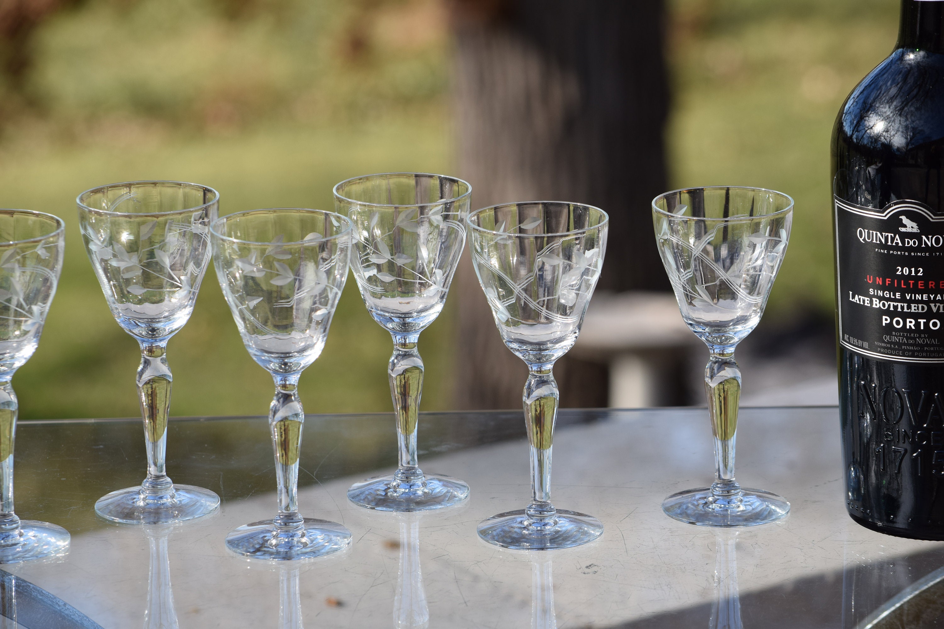 7 Vintage Etched Wine ~ Liquor Glasses, 4 oz After Dinner Drink