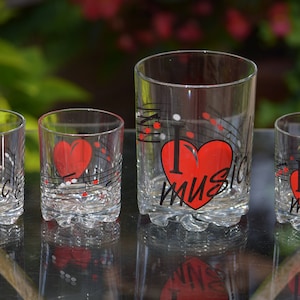 ROCK N ROLL!  6 Vintage I Love Music Lowballs with Matching Ice Bucket, 1980&#39;s, Whiskey, Bourbon, Scotch Lowballs, Bar Cart Cocktail Set