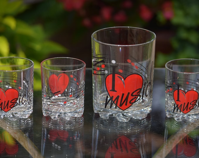 ROCK N ROLL!  6 Vintage I Love Music Lowballs with Matching Ice Bucket, 1980's, Whiskey, Bourbon, Scotch Lowballs, Bar Cart Cocktail Set