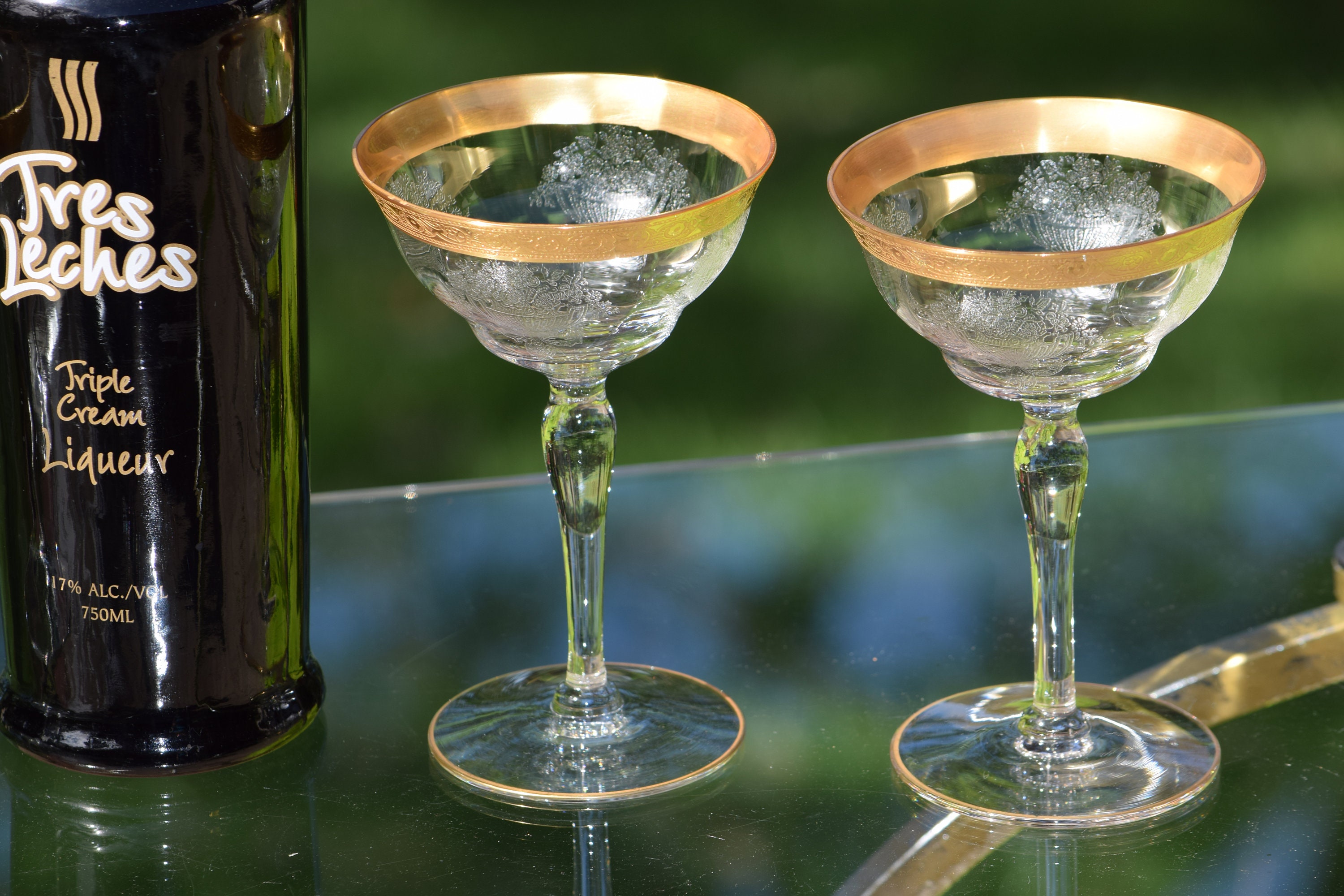 Vintage Gold Encrusted Rim Needle Etched Cocktail glasses, Set of 4