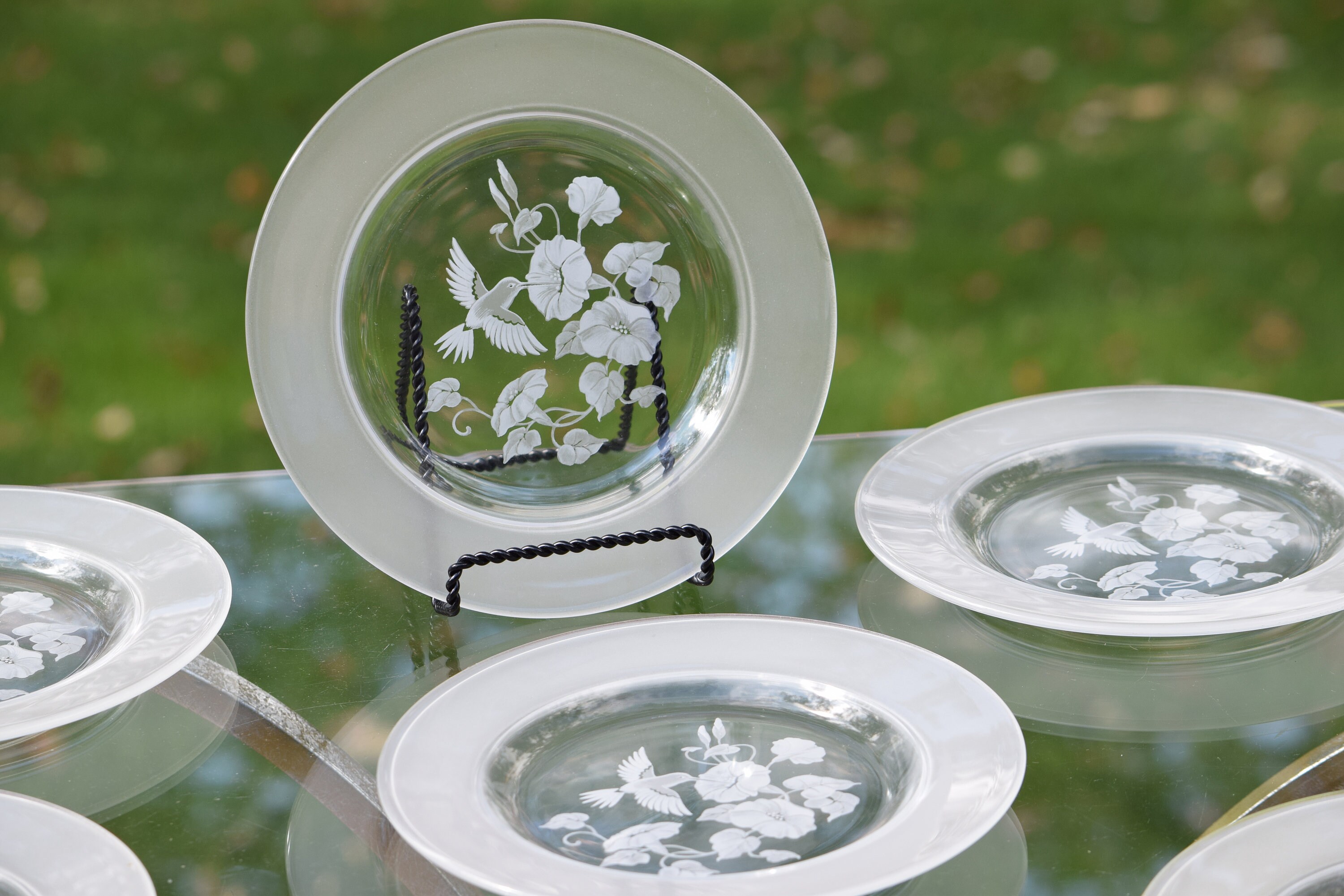 2 Vintage Etched Hummingbird Dessert Luncheon Plates, Avon, 1980's