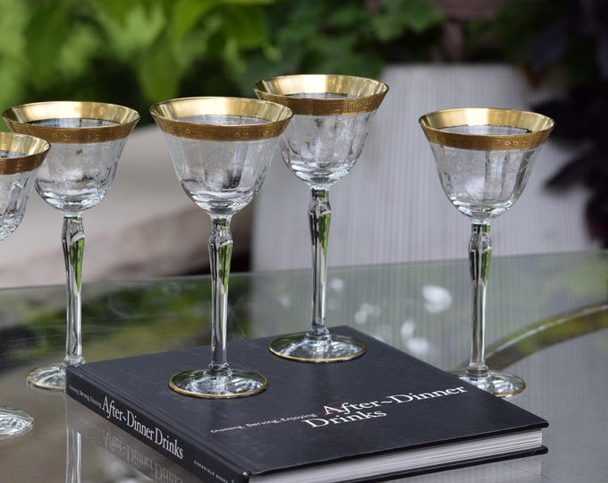 6 Vintage Gold Encrusted & Etched Wine - Liqueur Cordials - Glasses Central Glass Works, c. 1910,  Rare Find!  After Dinner Drink Glasses