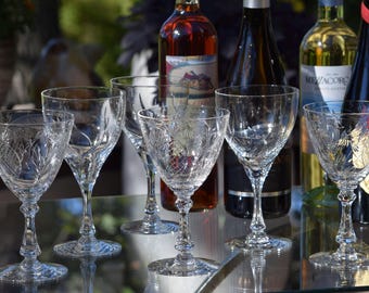 Vintage Etched Crystal Wine Glasses - Mis-Matched Etched Vintage Stemware, Set of 6
