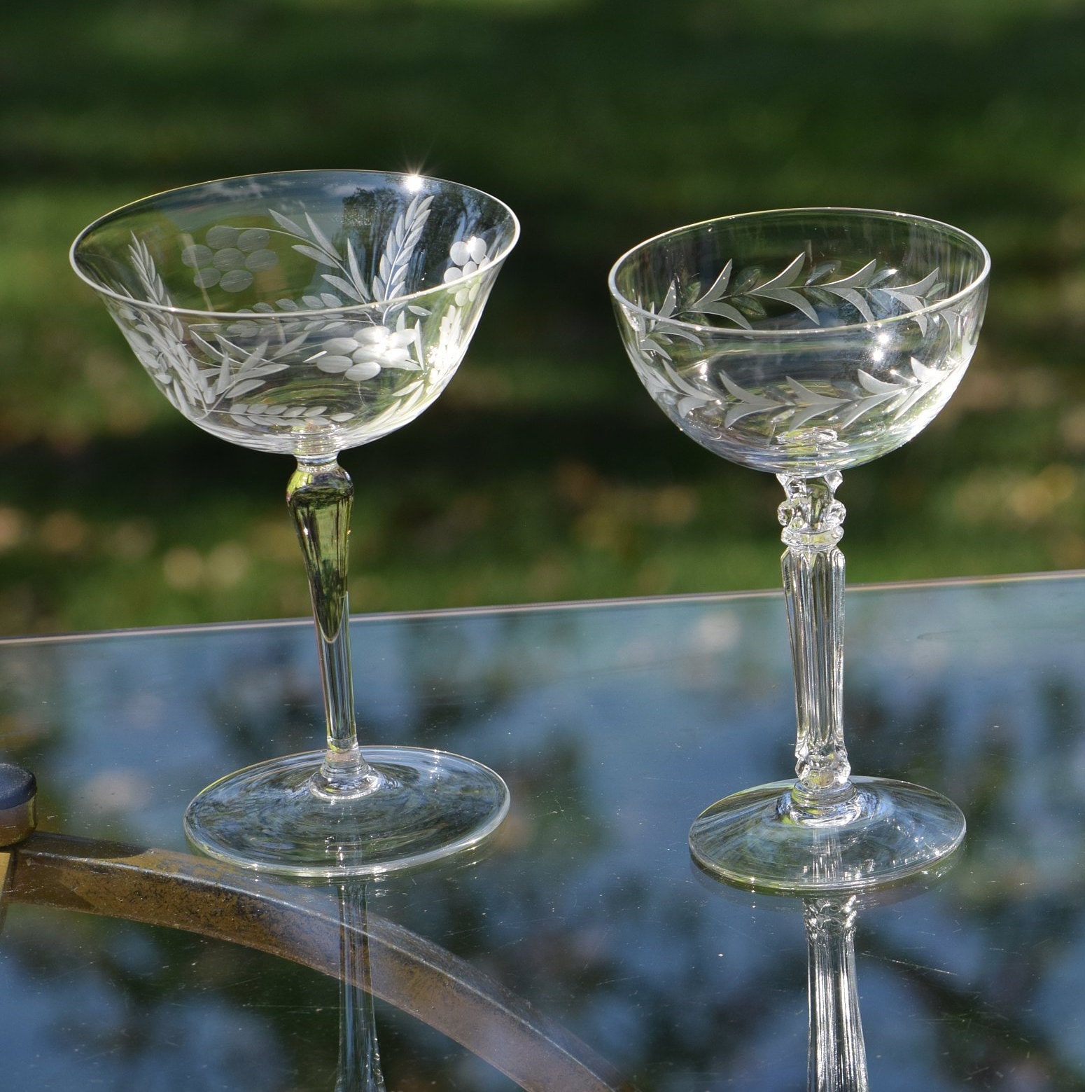 Vintage Etched Cocktail Martini Glasses, Set of 4, Vintage Set of 4