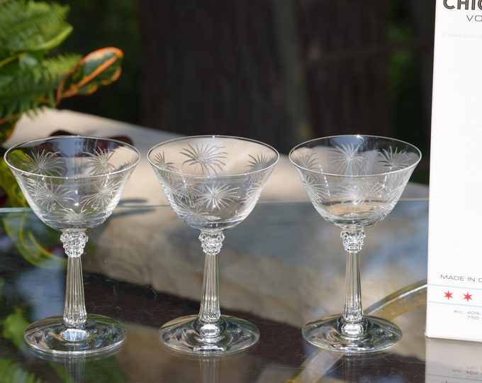 MARTINI ANYONE? 6 Vintage Etched CRYSTAL Cocktail Glasses, Fostoria, Lido 1940's, Craft Cocktail Glasses, Etched Martini Glass