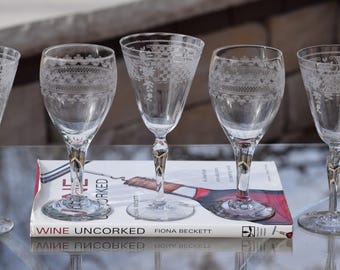 6 Vintage Etched Wine Glasses: Mismatched Fostoria Stemware, 1920s