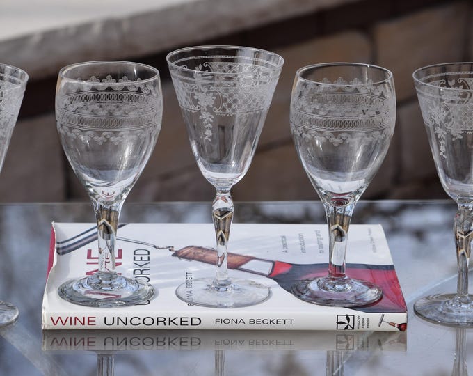 WINE COLLECTOR SET!  6 Vintage Etched Wine Glasses, 6 Mis-Matched Etched Wine Glasses ~ Water Goblets, Fostoria 1920's, Wine Glass Collector
