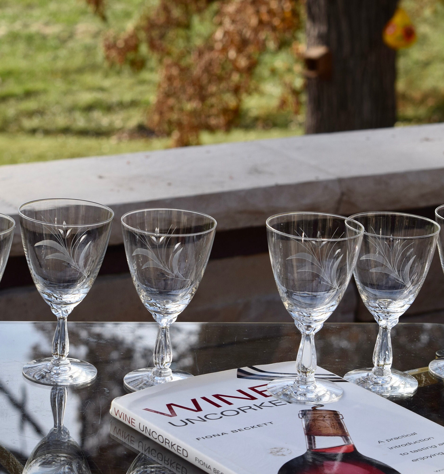 Antique Wine Glasses, 4 Etched Wine Glasses, Unique Wine Glass, Clear Glass,  Etched Goblets, 1930s Glassware, Shaped Stems, Antique Stemware 