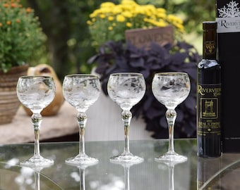 Vintage Etched Wine Glasses - Tall Vintage Dessert - Port Wine Glasses, 6 oz Wine Tasting Party