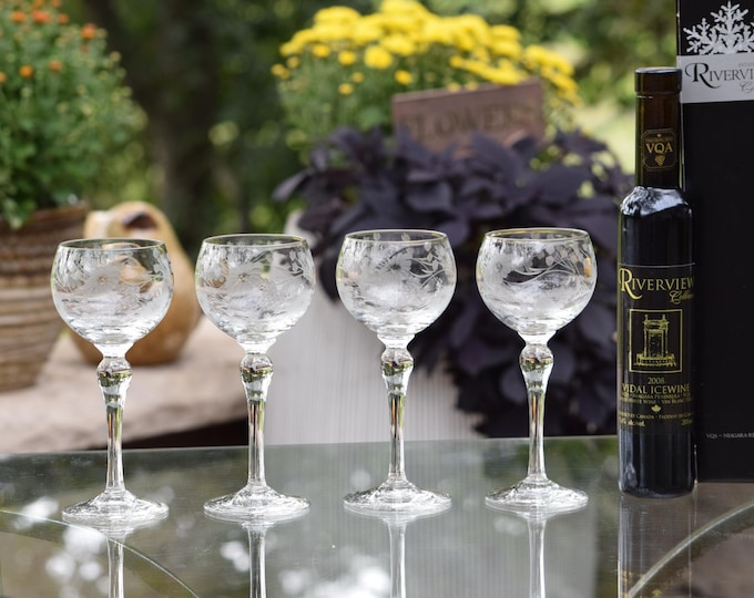 4 Vintage Etched Crystal Wine Glasses - Tall Vintage Dessert - Port Wine Glasses, 6 oz Wine Tasting Party