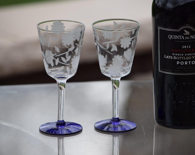 4 Vintage Etched Port Wine Glasses with Cobalt Blue Foot,  circa 1950, After Dinner Drink 4 oz Port Wine Liqueur Cordial Glasses