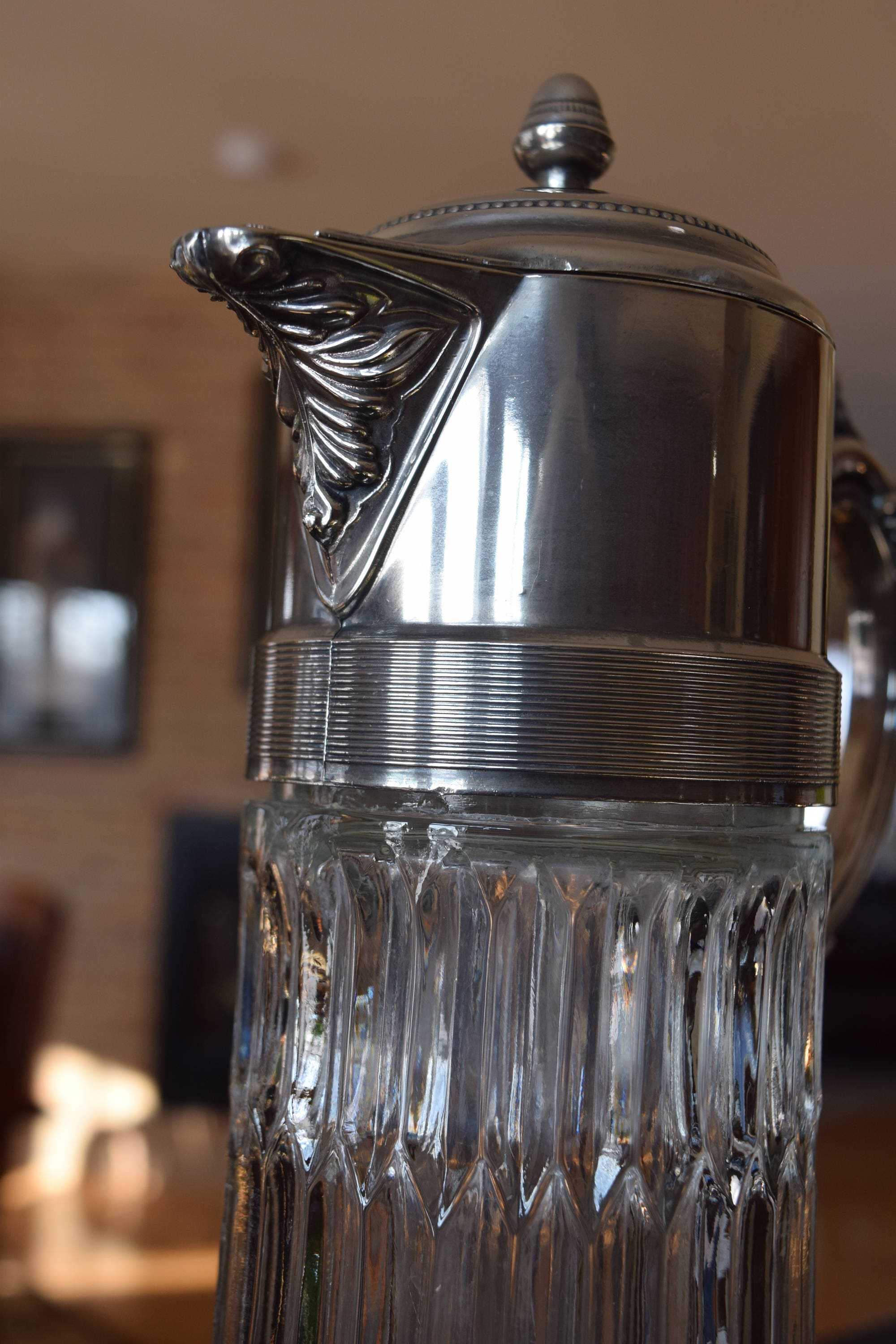 Vintage Wine Decanter Pitcher with Silver Top, circa 1940's, Home Bar