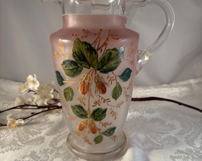 Antique Victorian Hand Blown with Hand Painted Pitcher, 1920's, Antique Floral Pitcher