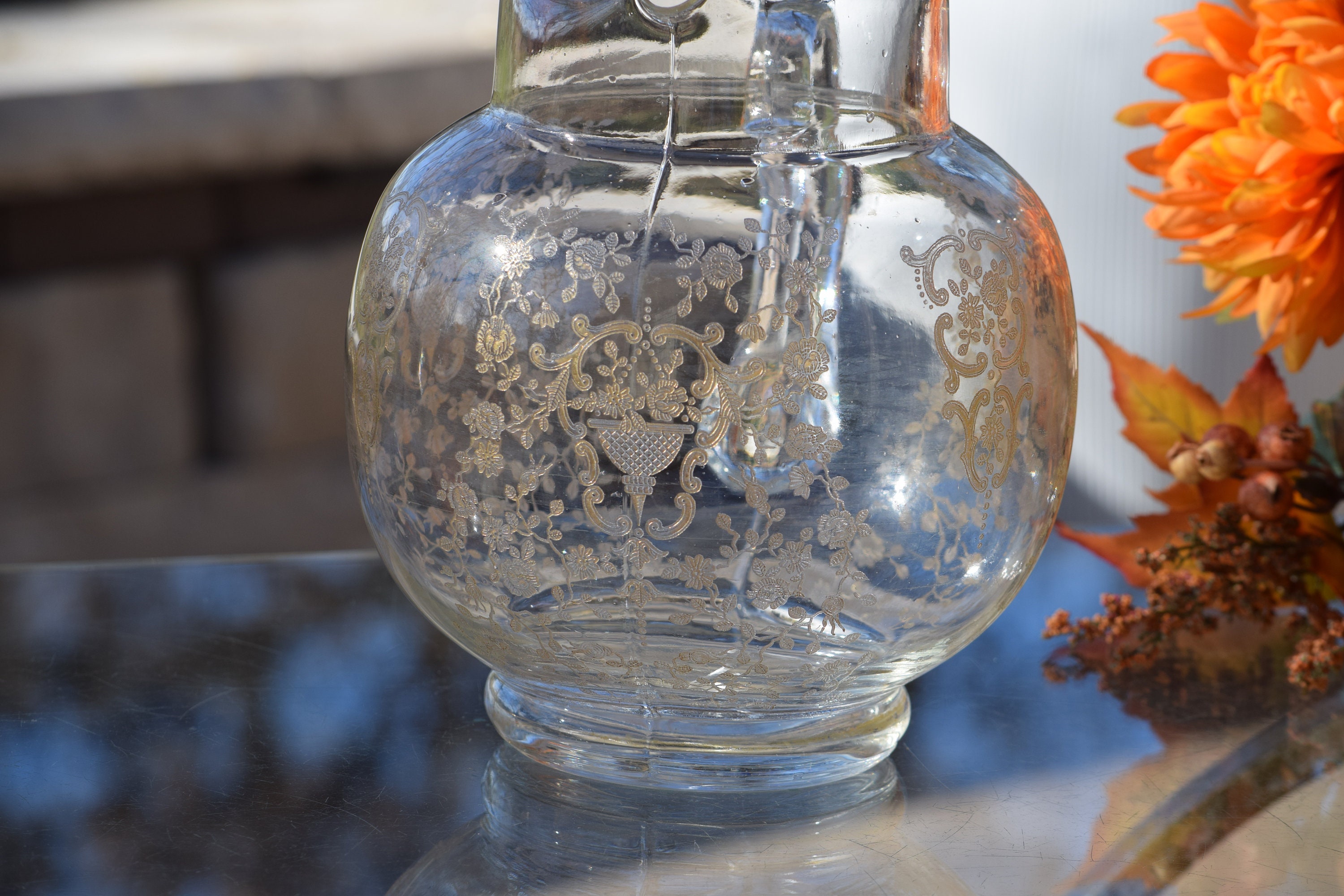 Vintage Gold Encrusted Etched Cocktail Pitcher, Glastonbury Lotus