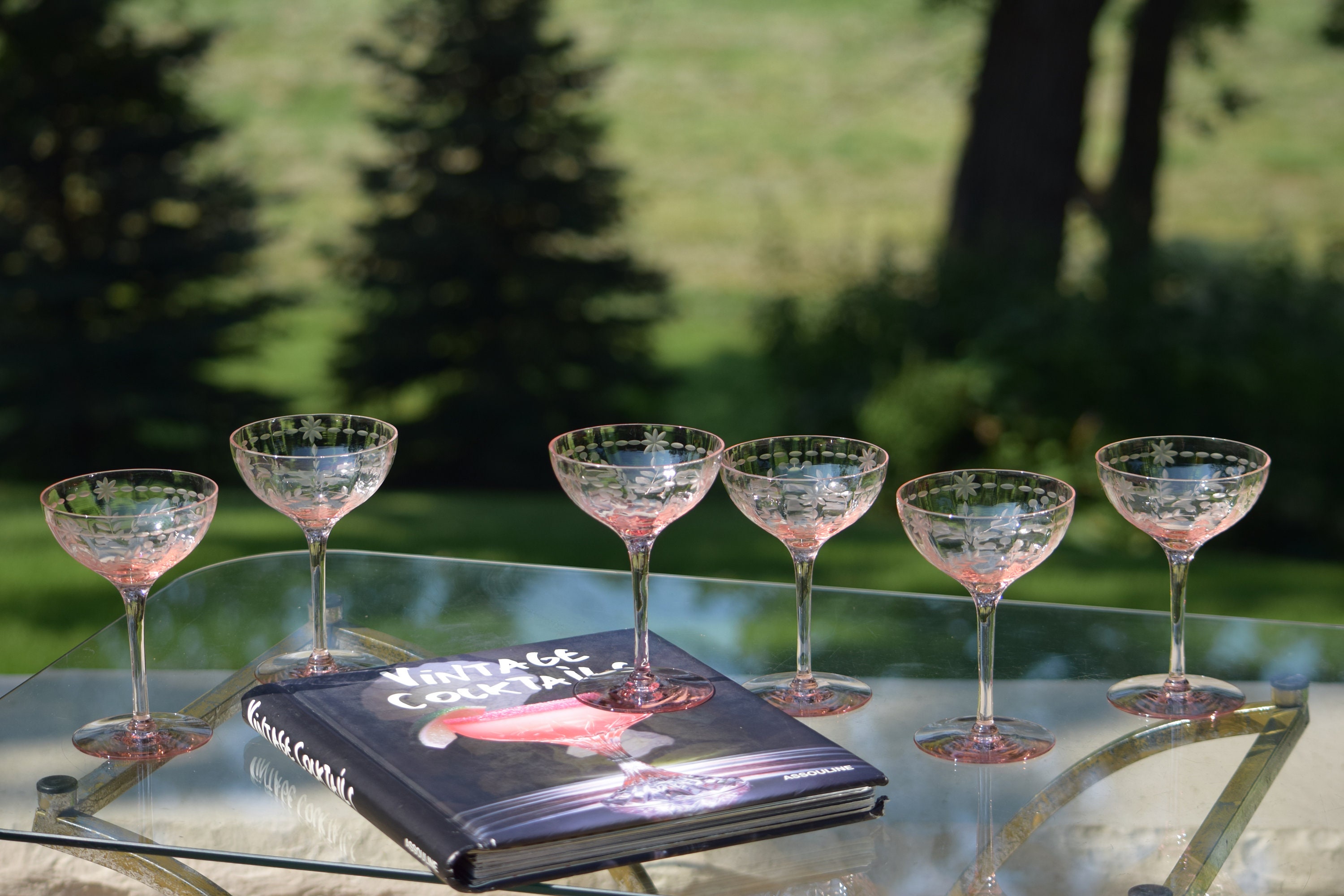 4 Vintage Cocktail Coupes - Glasses Pink Stems, 4 oz Small