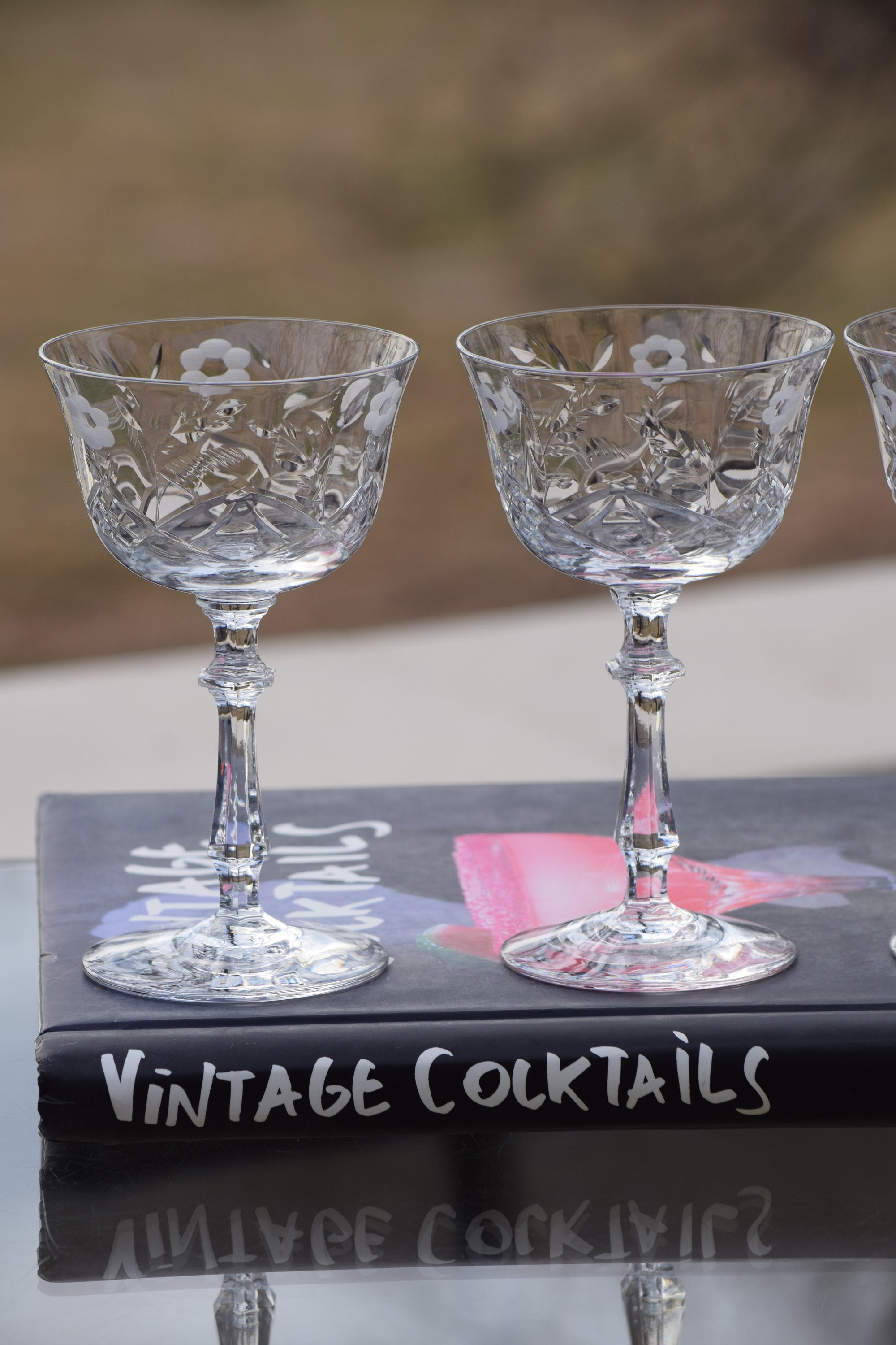 5 Vintage Etched Crystal Cocktail Glasses Martini Glasses, 1950's, Etched Champagne Glass