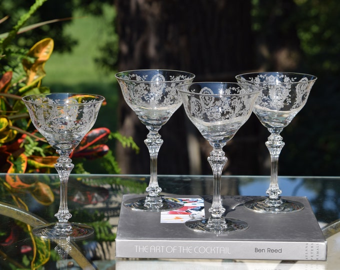 5 Vintage Acid Etched Cocktail Glasses,  6 oz, Tiffin Franciscan, June Night, 1940's, Vintage Etched Martini Glasses ~ Champagne Glasses