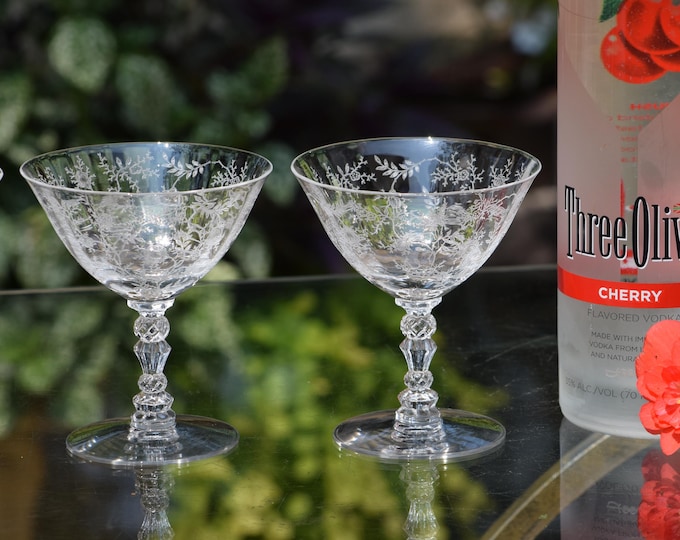 4 Vintage Etched CRYSTAL Cocktail Martini glasses, Fostoria, circa 1940's, Vintage Champagne Glasses, Girls Night Cocktails