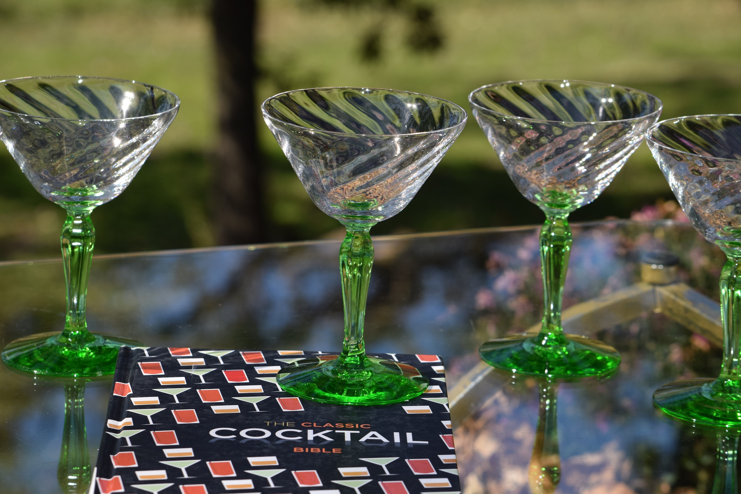 Vintage Swirled Optic with Green VASELINE URANIUM Cocktail Glasses, Set