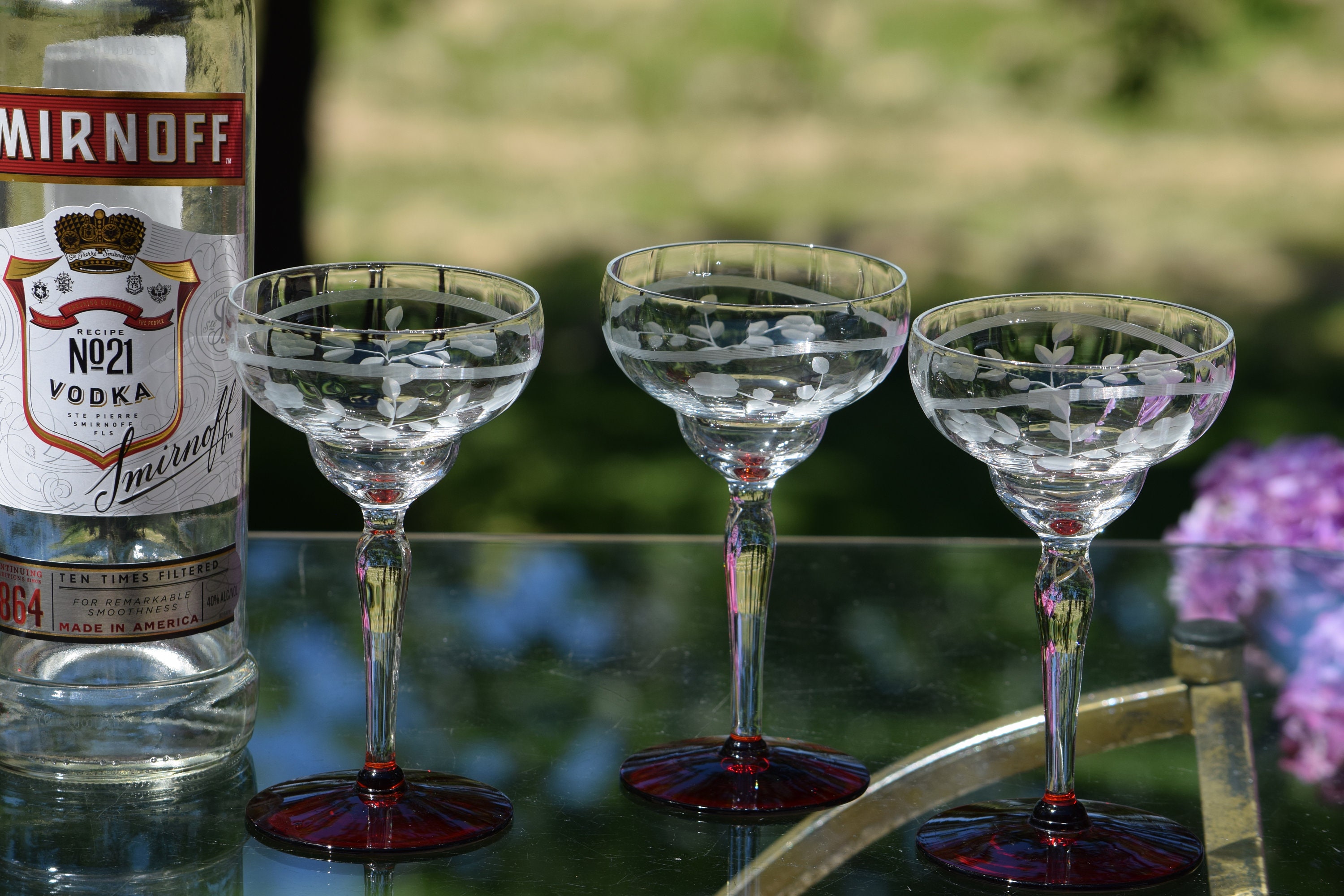 5 Vintage Etched Red Cocktail Glasses, 1950's, Vintage 4 oz Small