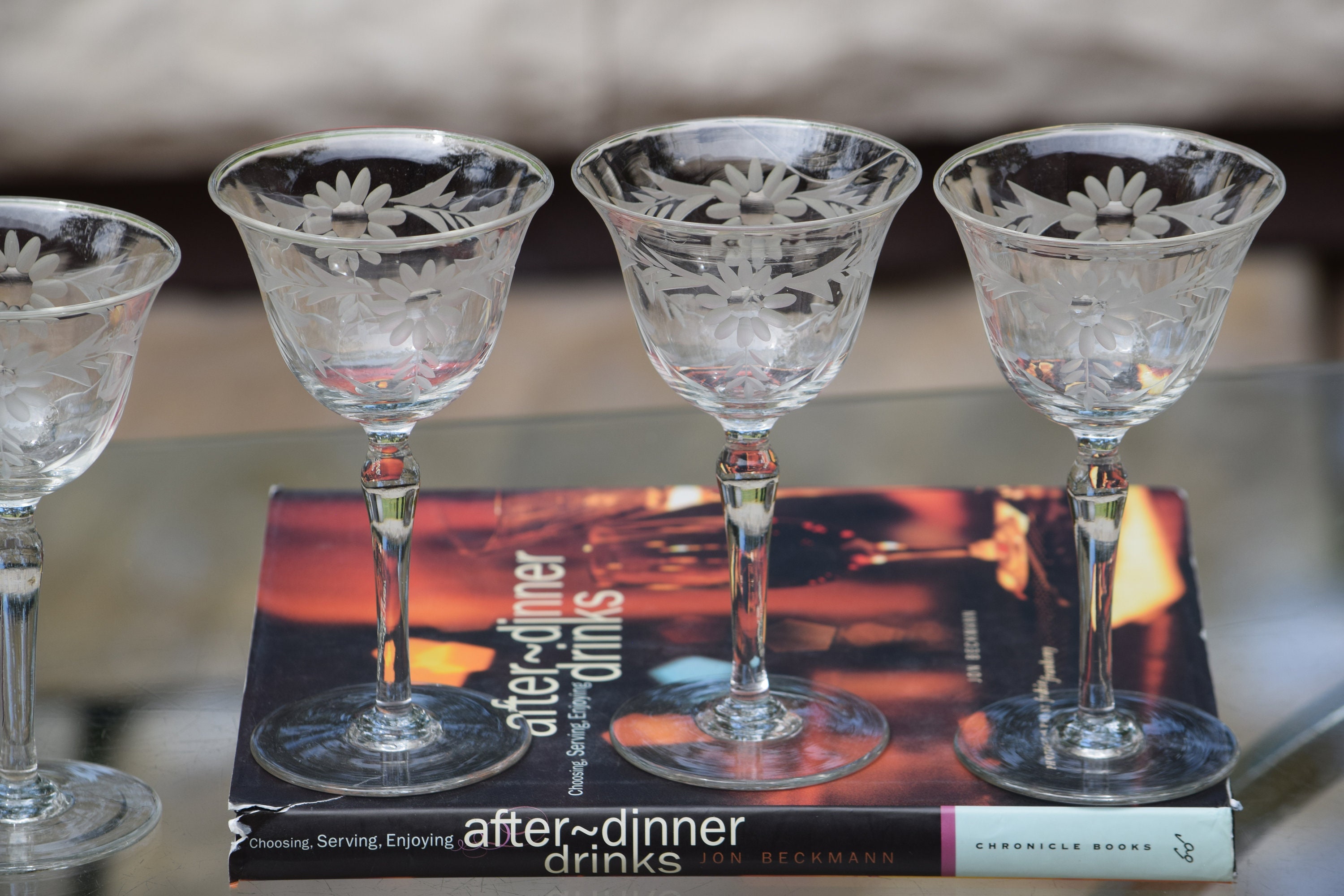 5 Vintage Etched Wine ~ Liqueur Glasses, 3 oz After Dinner Drink