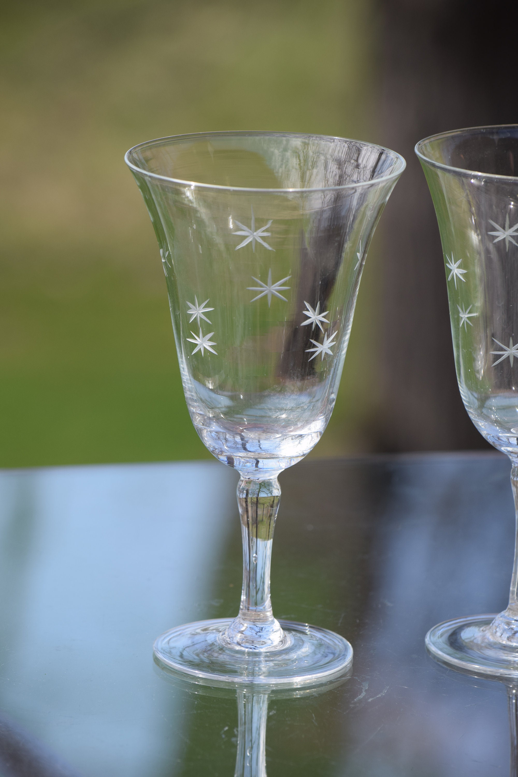 Vintage Etched Starburst Wine Glasses, Set of 4, Vintage Etched