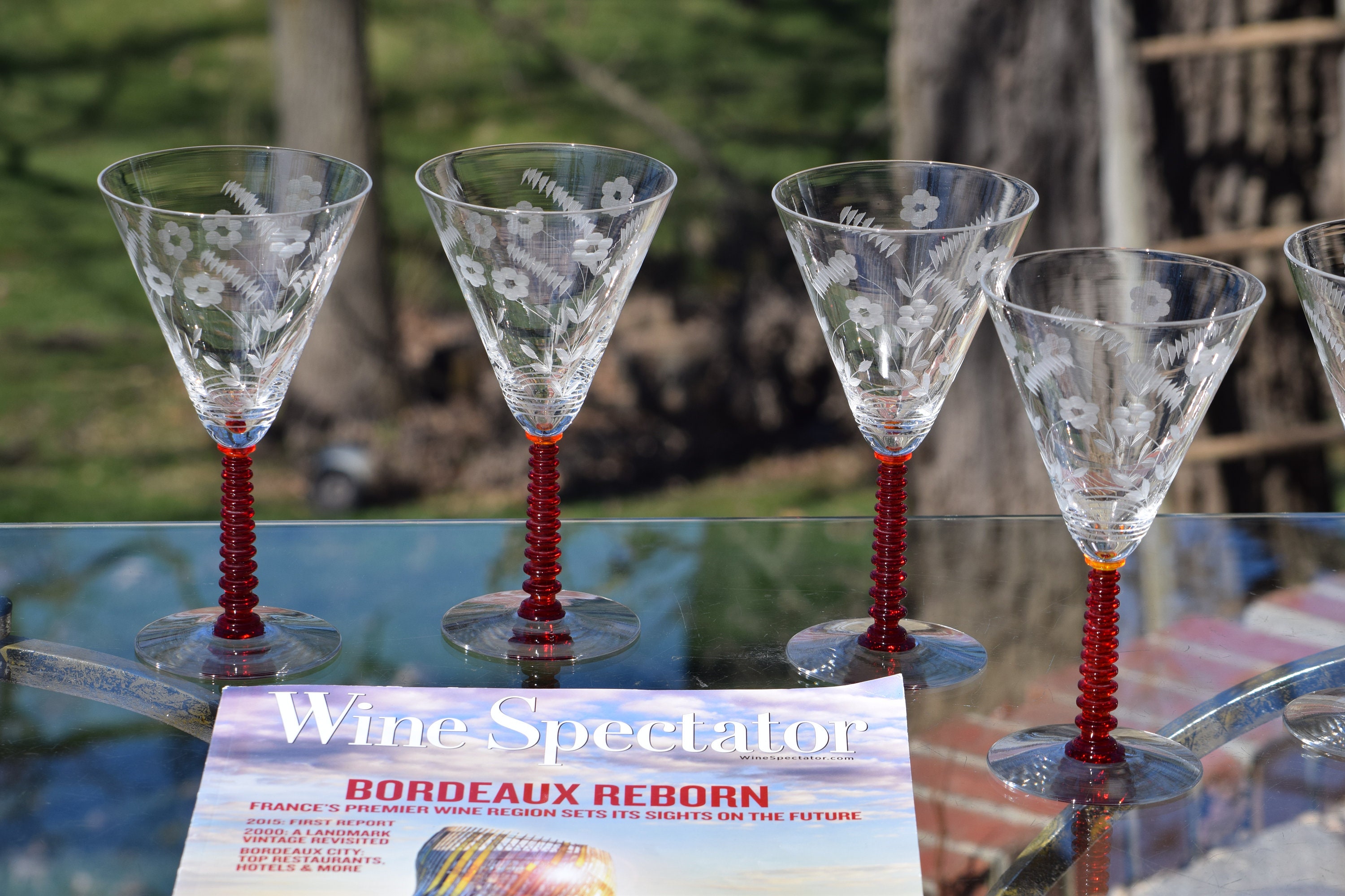 6 Vintage Etched Red Cocktail Glasses, 1950's, Vintage 4 oz Small