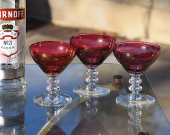 2 Vintage Red Cocktail Glasses: 1950s Nick & Nora Champagne Coupes