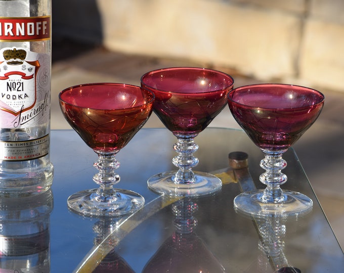 ADD SOME COLOR! 2 Vintage Red Cocktail Martini Glasses, Nick & Nora, 1950's Champagne Glass, Vintage Red Cocktail Coupes, Mixologist Gift