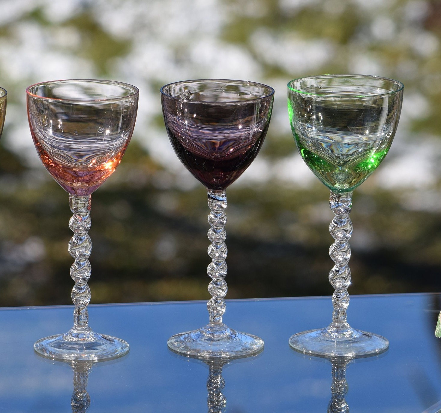 Vintage Multi Colored Twisted Stem Wine Glasses Set of 4, 4 oz Wine Glasses,  Vintage 4 oz Cocktail Glasses, Unique Wine Glasses