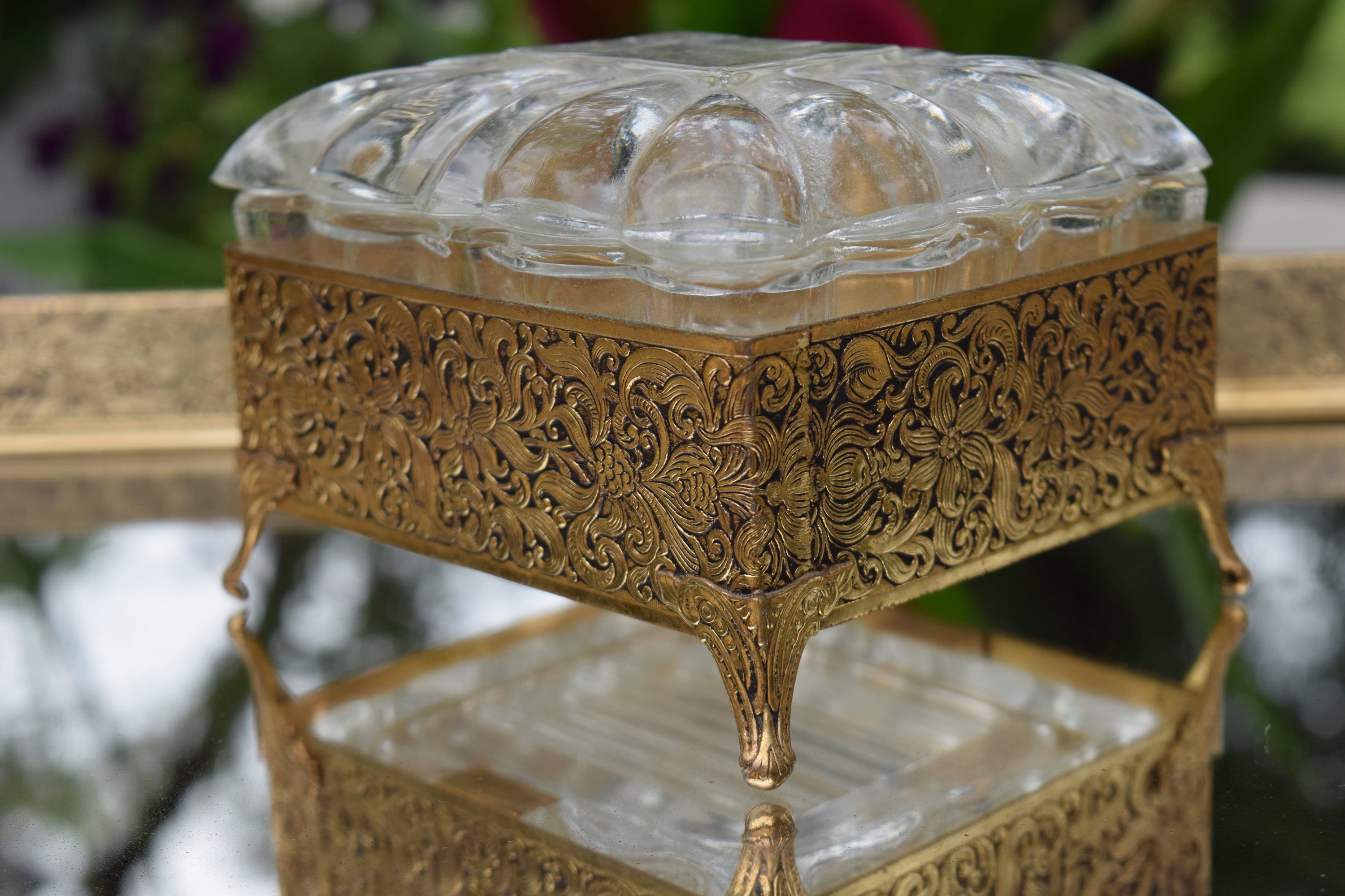 Vintage Gold ~ Brass Glass Jewelry Box, 1950's Brass Floral Jewelry Box  with Glass Top and Glass Interior, Vintage Jewelry storage