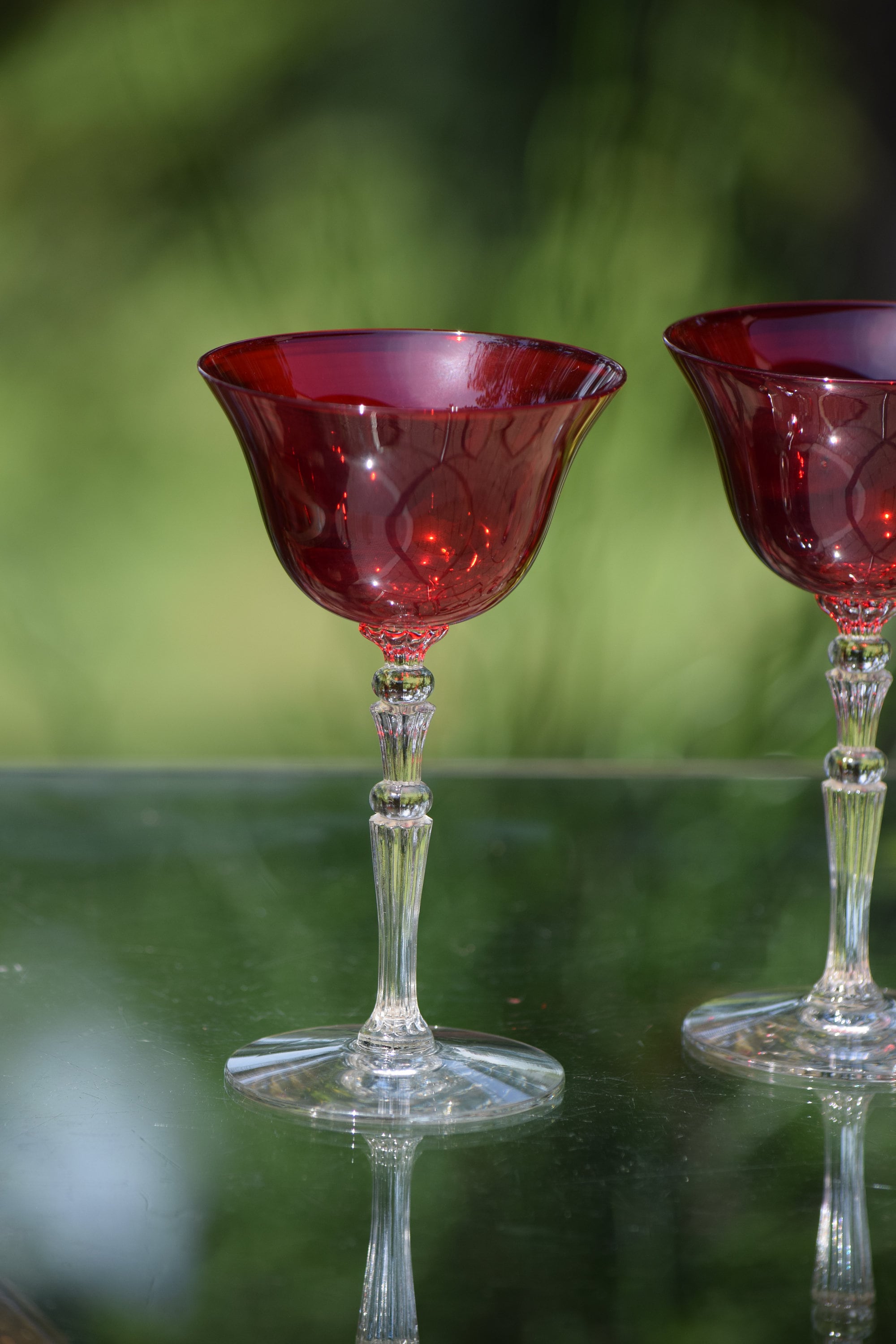 3pc - Short Stem Ruby Red and Clear Cordial Drinking Glasses