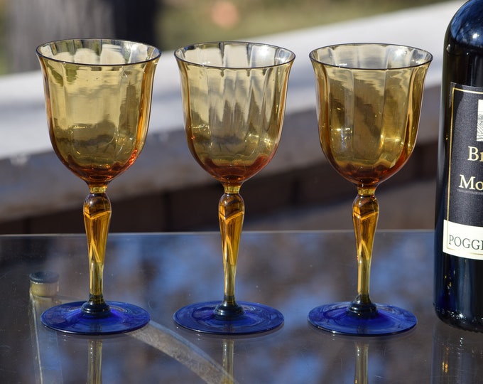 5 Vintage Amber & Cobalt Blue Wine Glasses ~ Water Goblets, 1950's, Vintage Amber 10 oz Wine Glasses, Unique 1950's Amber and Blue Glasses