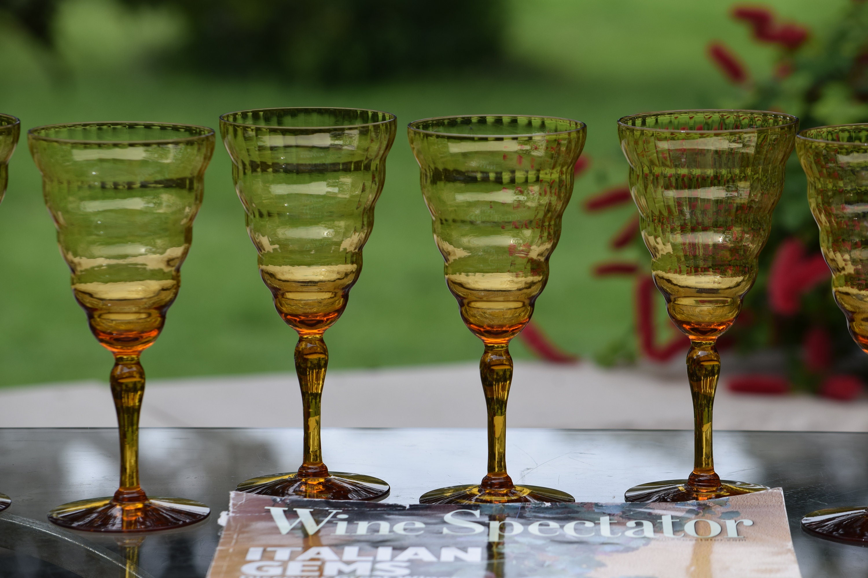 7 Vintage Amber Wine Glasses, Utility Glass Cambridge Amber c 1929