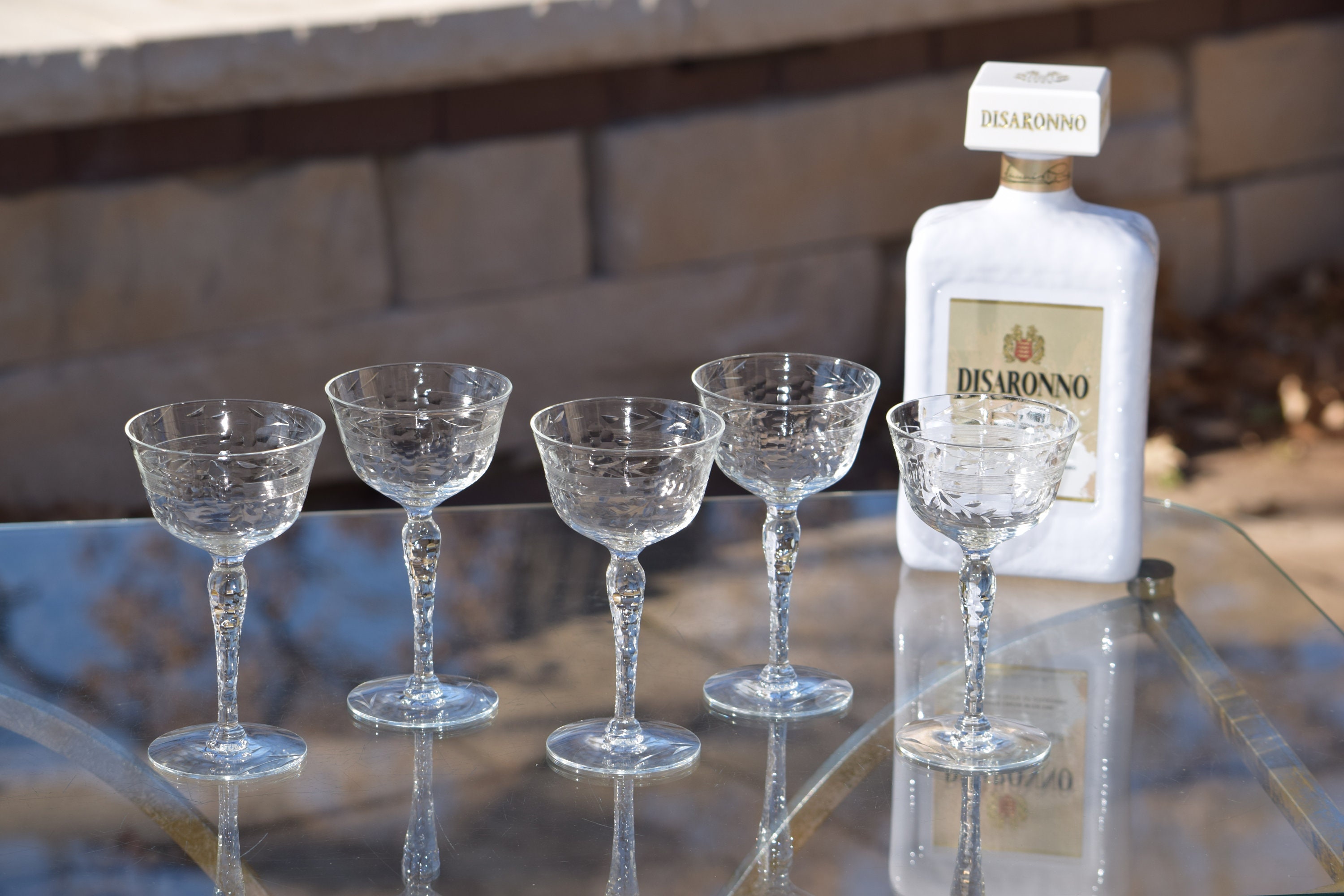 5 Vintage Etched Wine Liqueur Glasses, 3 oz After Dinner Drink