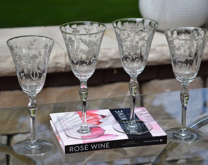 5 Vintage Etched Wine Glasses ~ Water Goblets,  8 oz Wine glasses, circa 1950, Vintage Etched Cocktail glasses, Wine Party Glasses