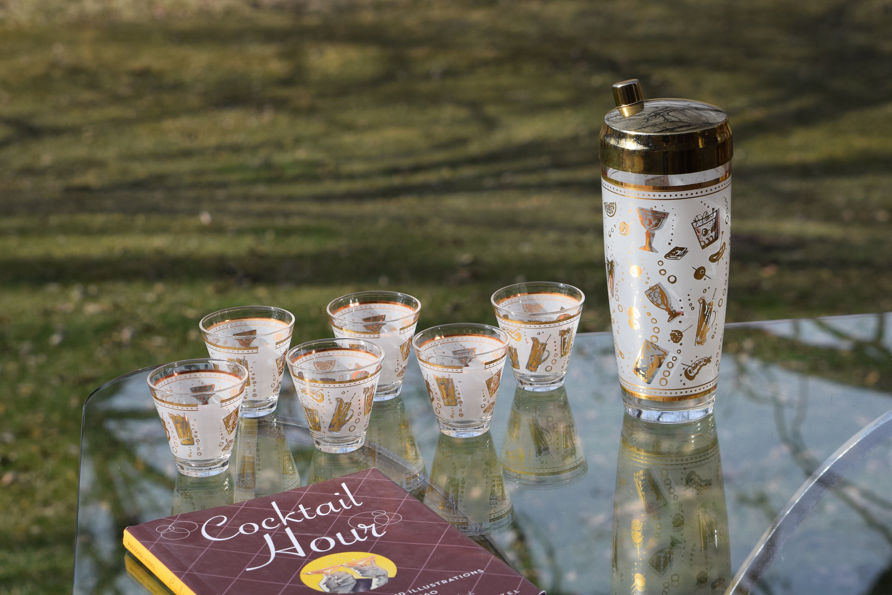 Vintage Mid Century Gold and White Cocktail Shaker with Matching