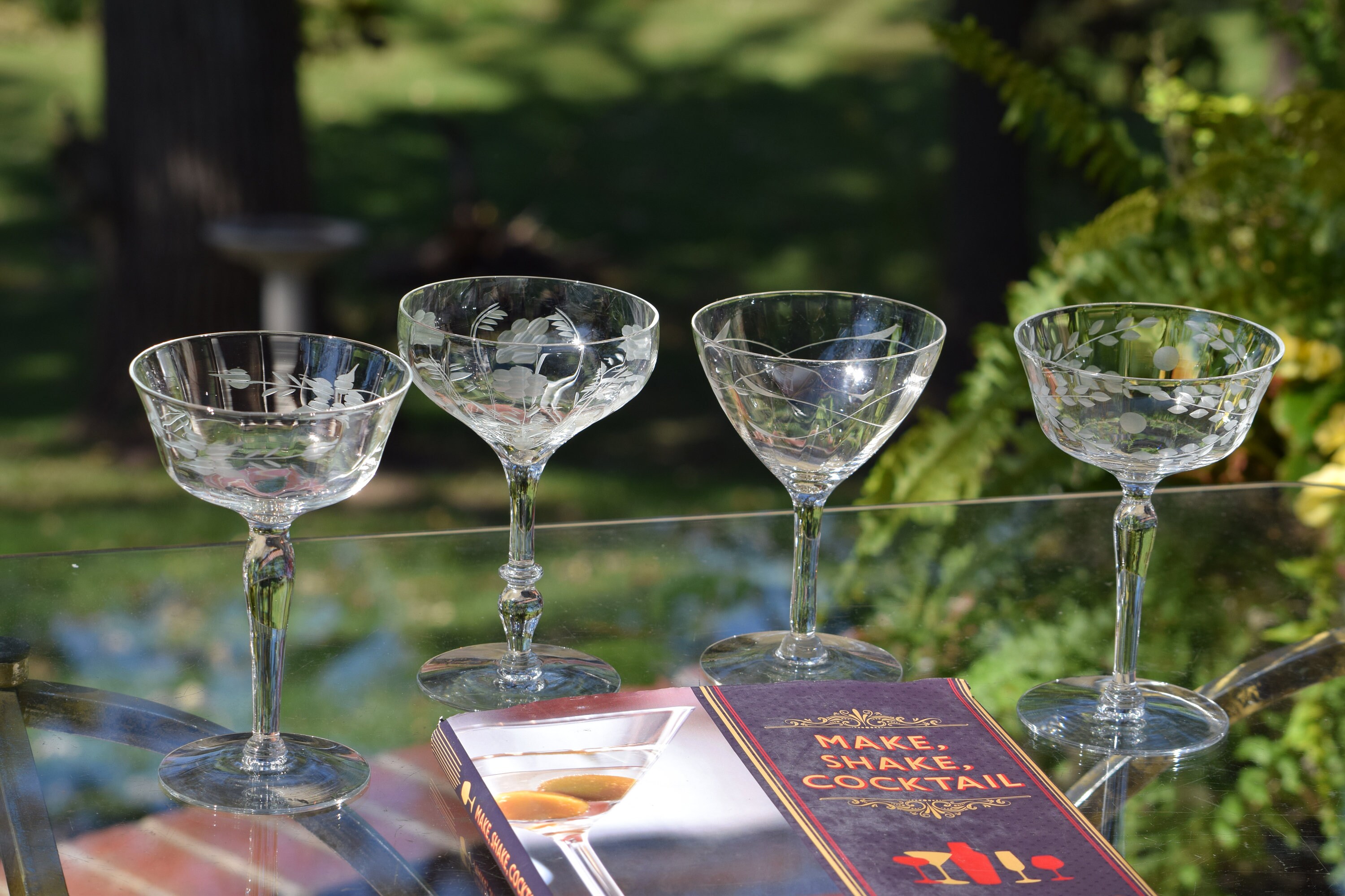 4 Vintage Etched CRYSTAL Cocktail Martini Glasses, Set of 4 Mis