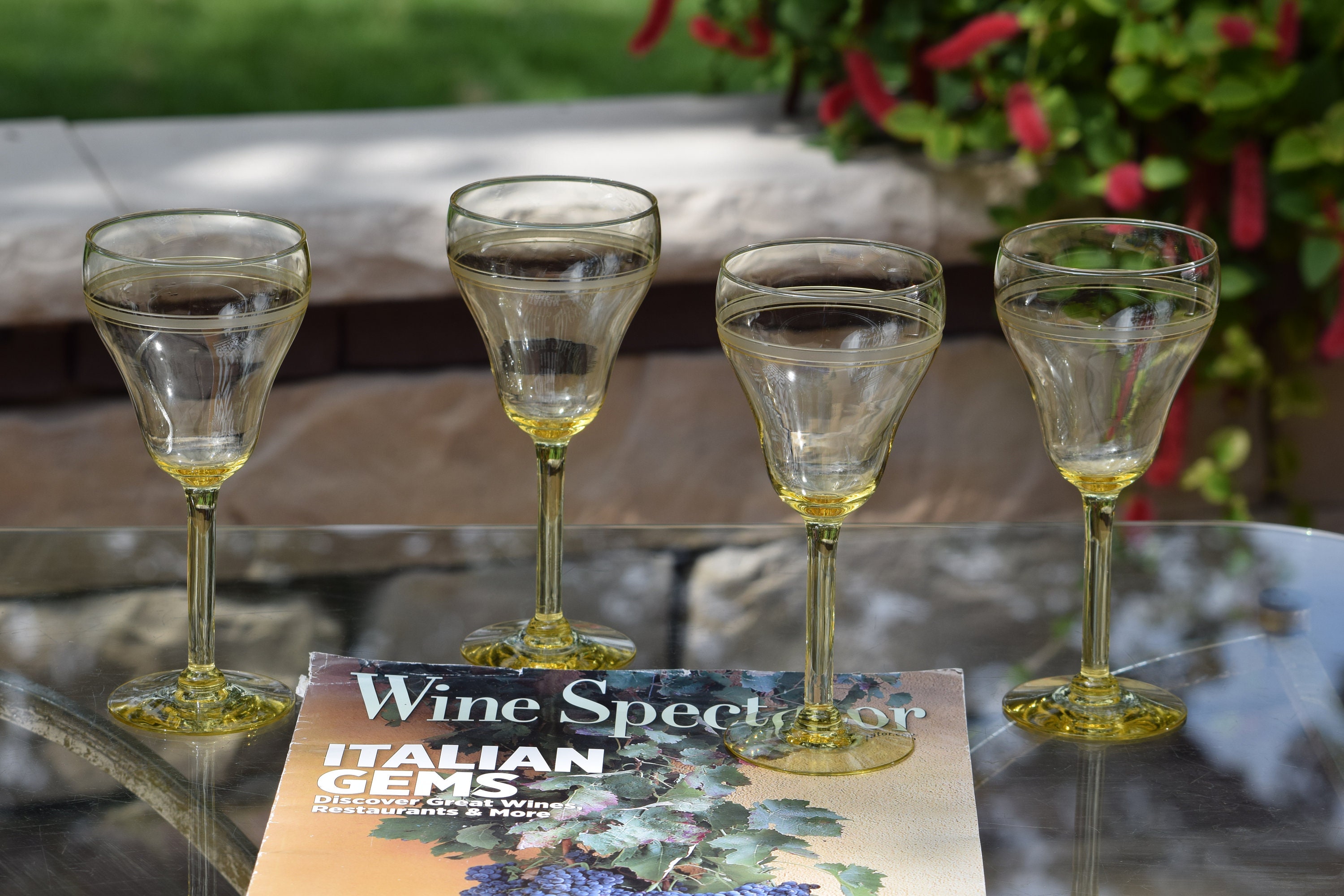 4 Vintage Etched Yellow Wine Glasses, 1940's, Elegant Tall Yellow