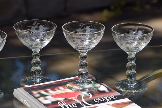 4 Vintage Etched Cocktail Martini Glasses, Bryce, Circa 1950, Nick
