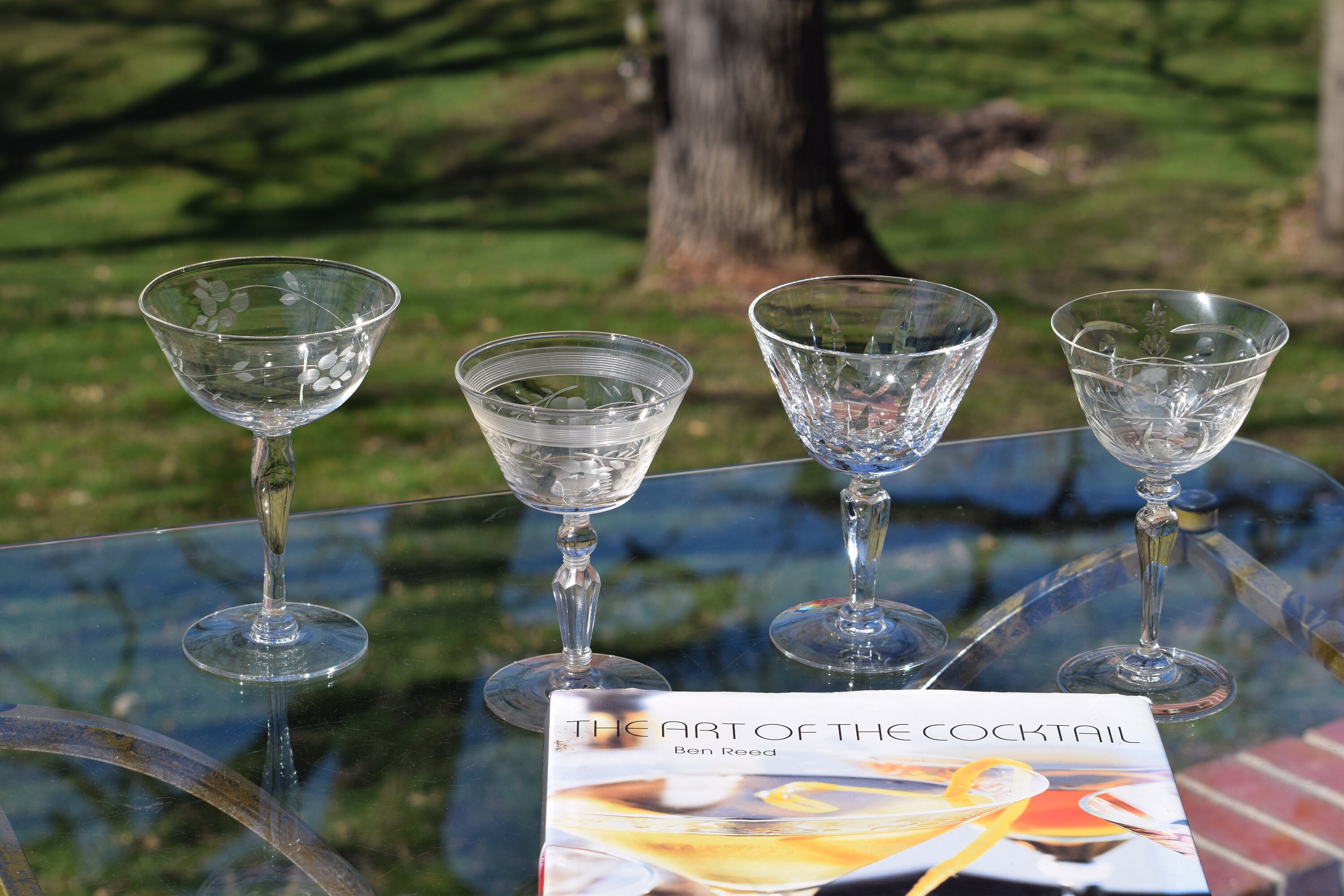 Vintage Etched Cocktail Martini Glasses, Set of 4 MisMatched Cocktail