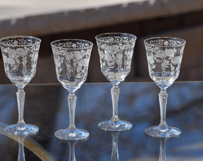 4 Vintage Etched CRYSTAL Port Wine Glasses, Fostoria, Midnight Rose, 1930's, 4 oz Port Wine Glasses, After Dinner Drink Port Wine Glasses