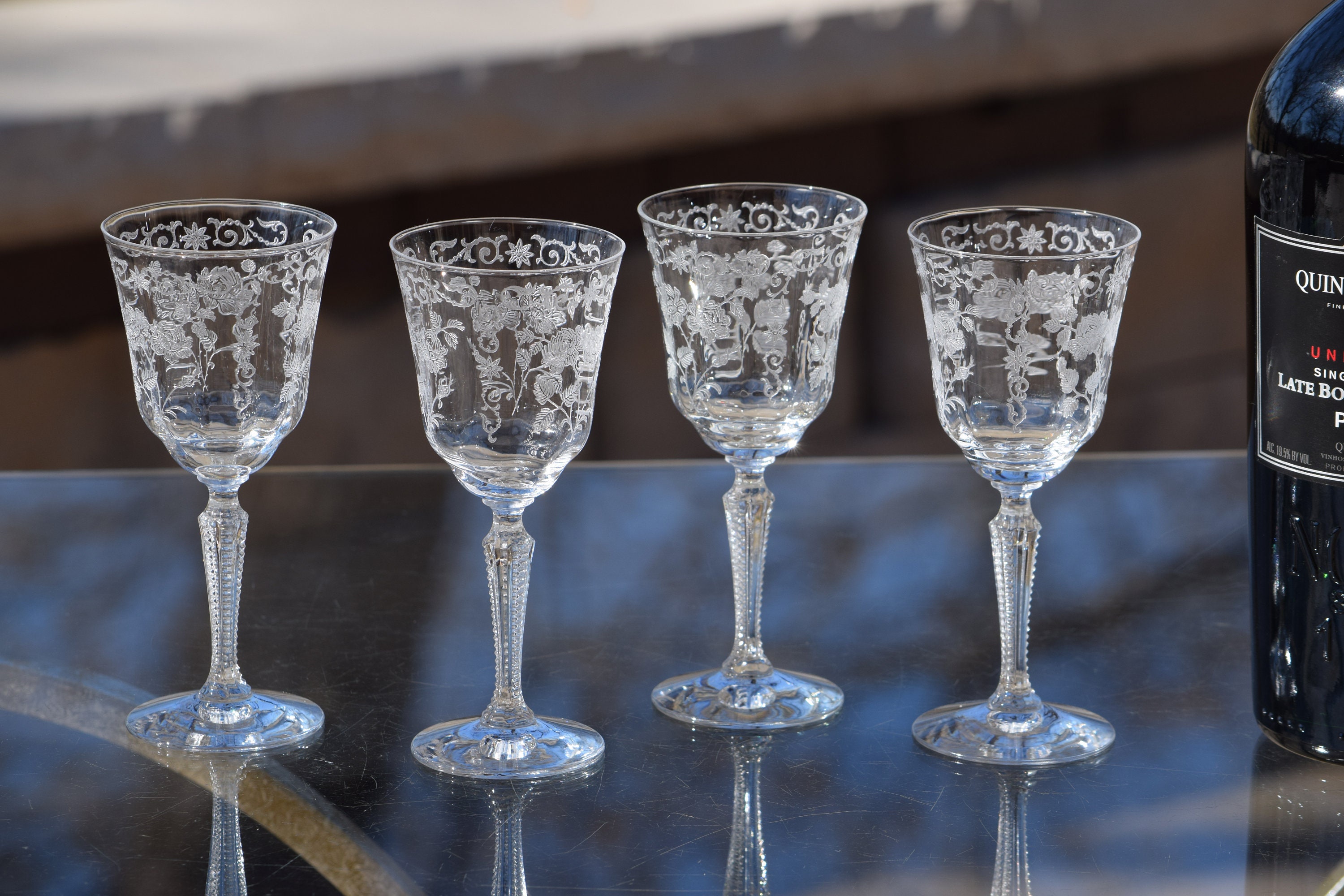 4 Vintage Etched CRYSTAL Port Wine Glasses, Fostoria, Midnight Rose