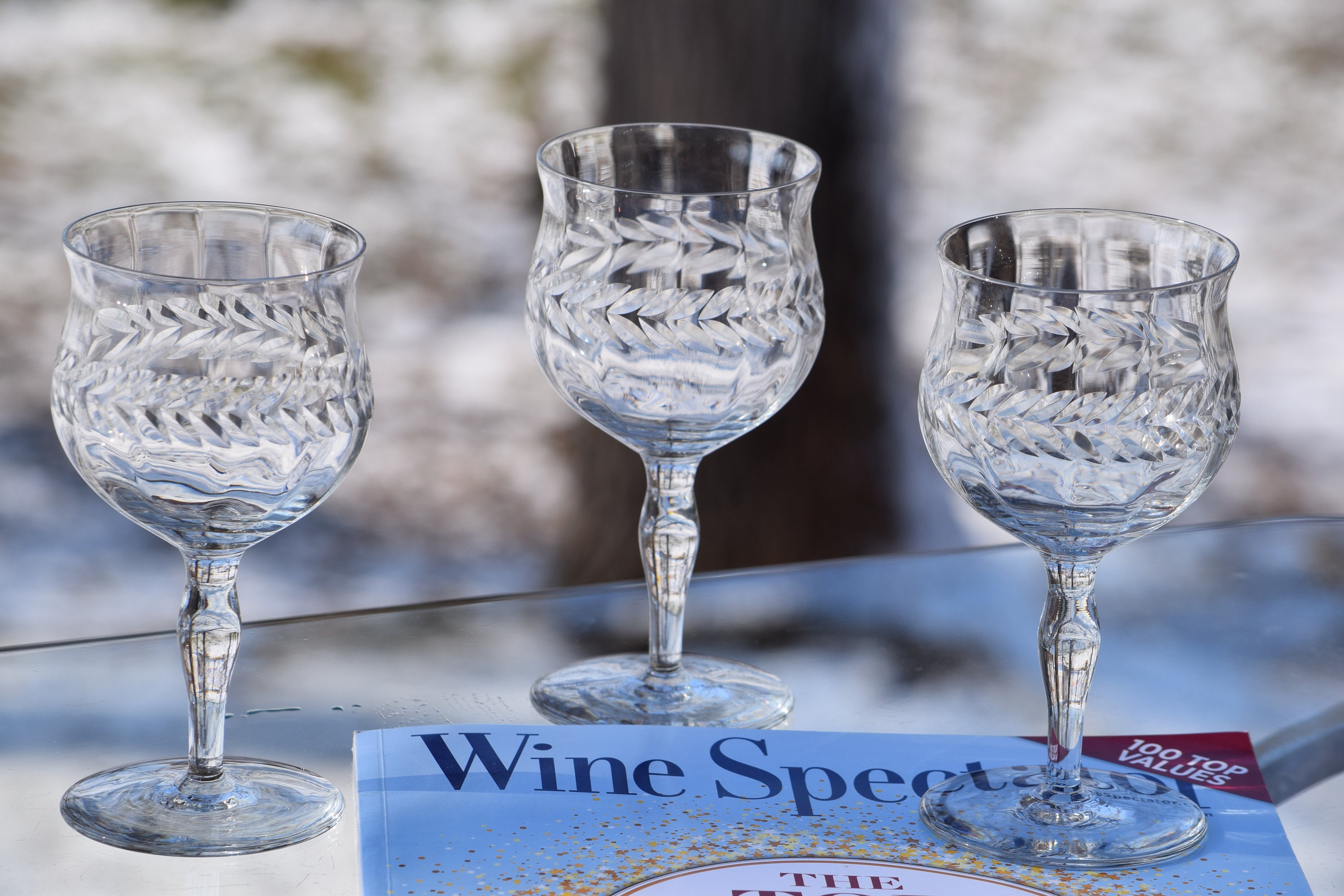 Vintage Etched Optic Wine Glasses, Set of 4, circa 1950's, Antique Wine