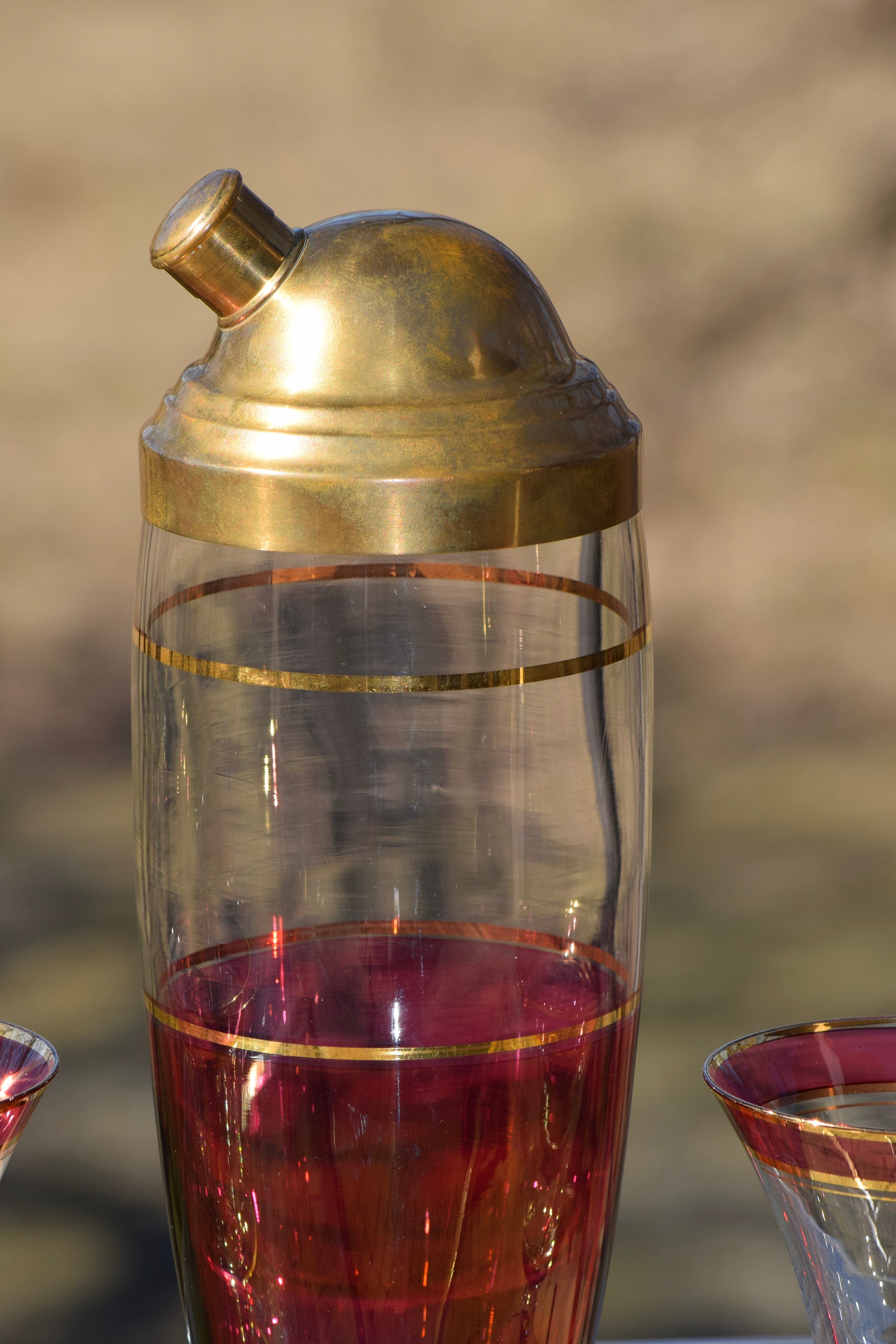 Vintage Mid Century Pink & Gold Martini Cocktail Shaker with Matching Glasses Cocktail Party