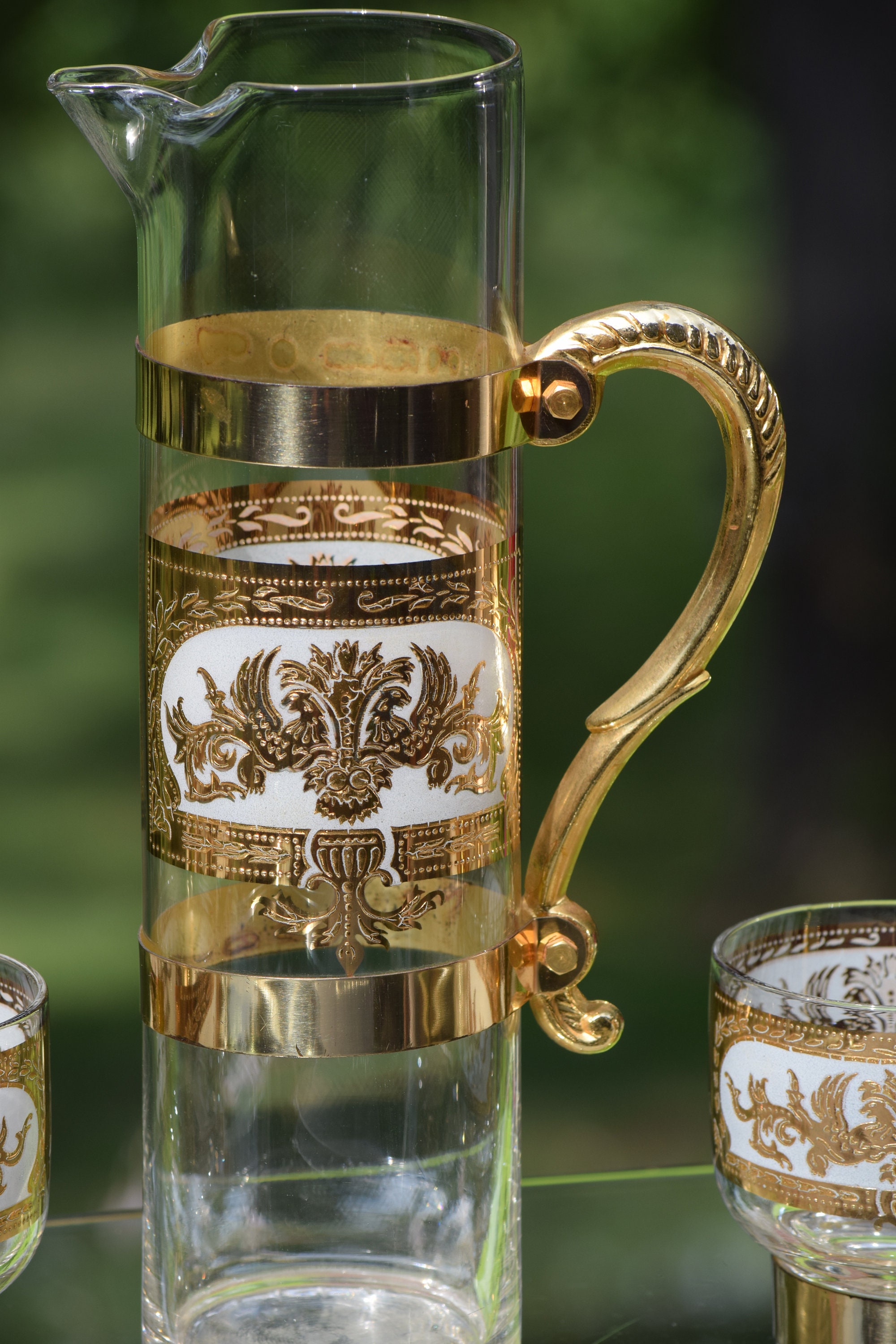 Vintage CULVER 22k Gold Cocktail Set, Pitcher with 6 footed Lowballs