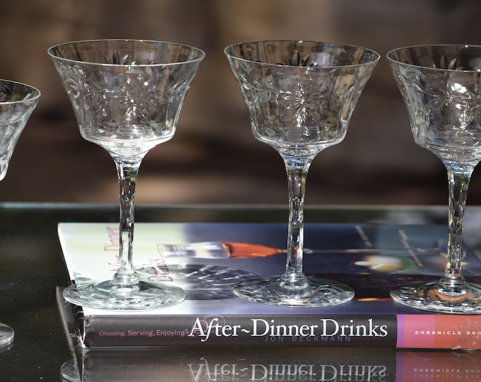 4 Vintage Etched Crystal Wine ~ Liqueur Glasses, 1950's,  3 oz  After Dinner Drink Glasses, Dessert Wines ~ Cocktail Cordials, Port Wine