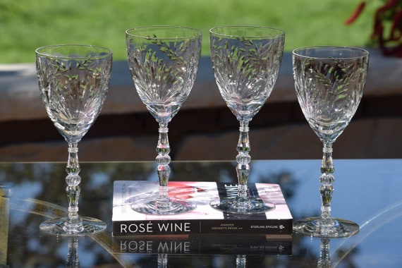 4 Vintage Etched CRYSTAL Wine Glasses ~ Champagne Glasses, Tiffin