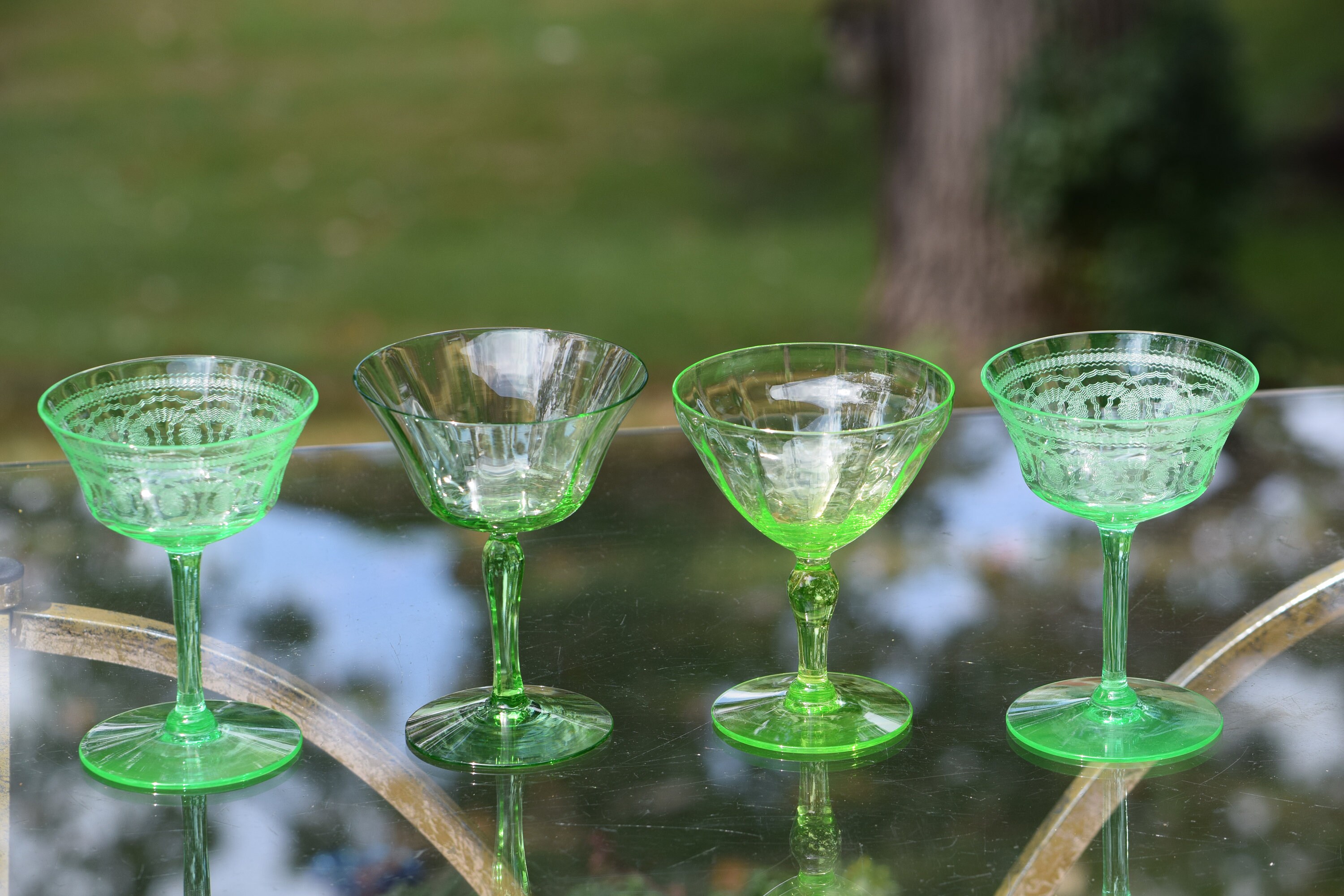 Vintage Needle Etched Green VASELINE Glass Cocktail Martini