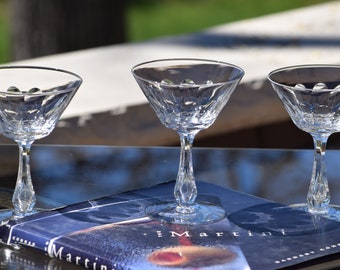 4 Vintage CRYSTAL Bubble Stem Etched Cocktail Glasses,  Tiffin Franciscan, circa 1960's, Vintage Crystal Martini Glass, Crystal Bubble Stem
